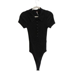 FREE PEOPLE Ready For It Black Ribbed Knit Henley Bodysuit Minimalist - Size S